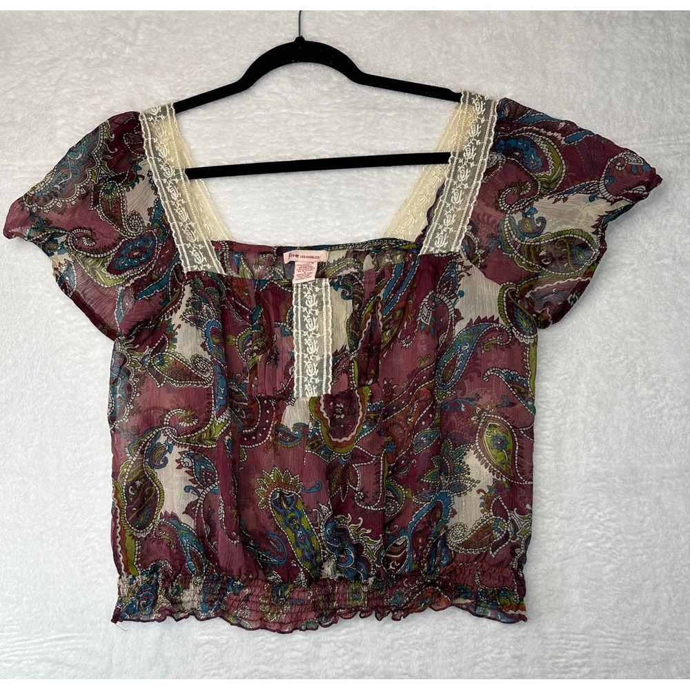 Fire Los Angeles Paisley Blouse Women Large Burgundy Lace Trim Sheer Peasant